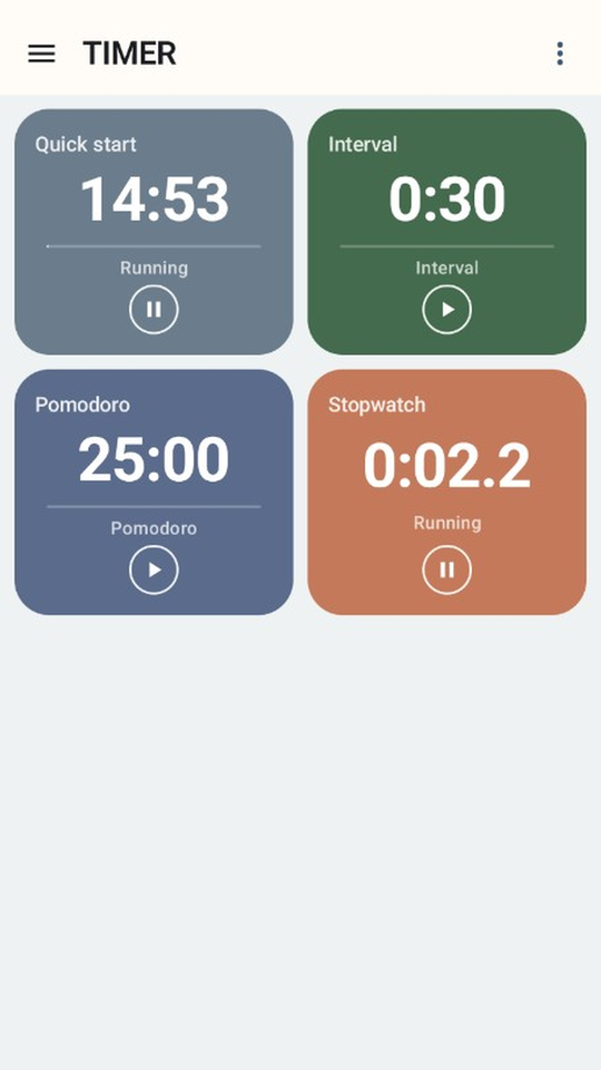 Timer Board phone screen showing a running multitimer board