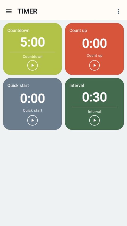 Timer Board phone screen with countdown, count up, quick start, and interval tiles
